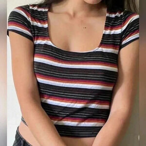 90s style, colorful horizontal striped crop top w/ scoop neck. Size XS